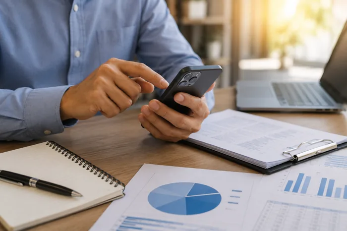 Provedor analisando dados financeiros no celular