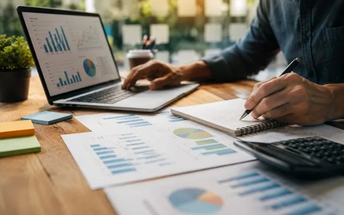 Gestor analisando relatórios e gráficos de vendas