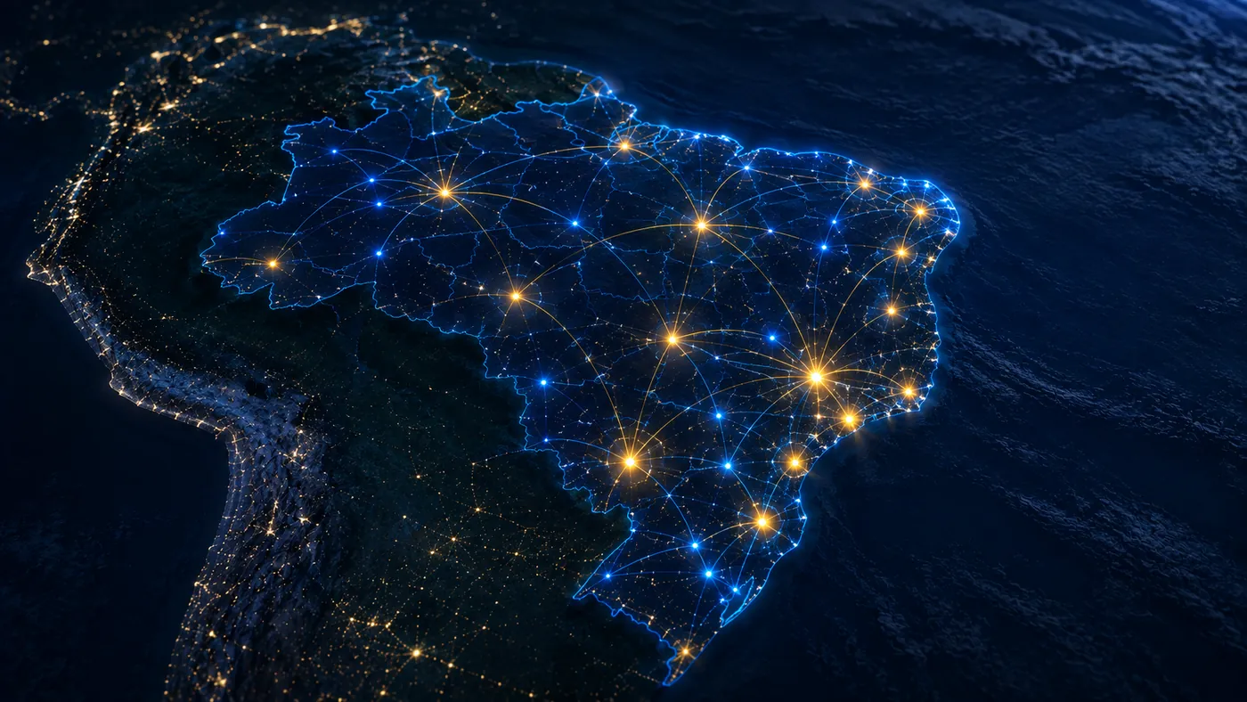 Brasil visto do espaço à noite, com as cidades iluminadas e conectadas por uma malha de linhas de luz, representando o mercado de provedores de internet no país