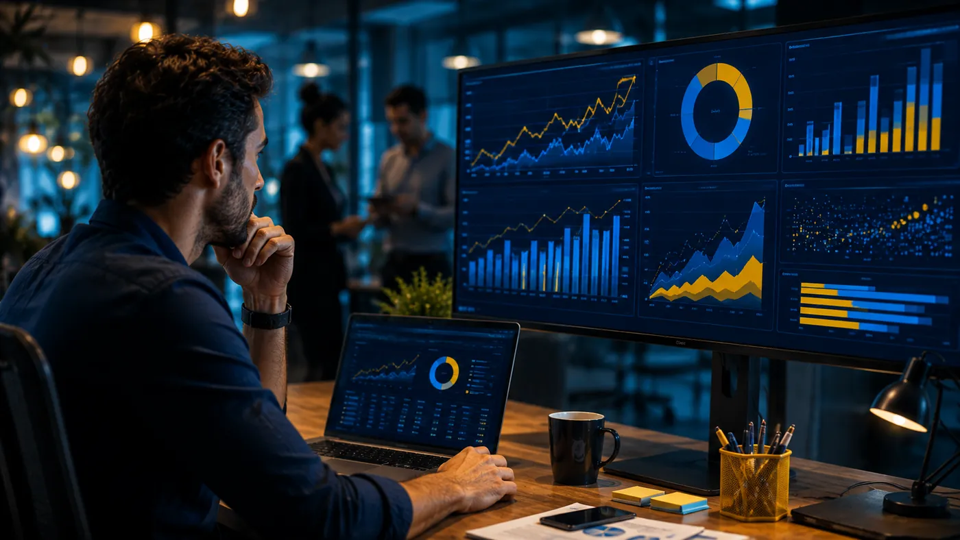 Profissional analisando um painel com gráficos de conversão e geração de leads em um monitor grande e no notebook