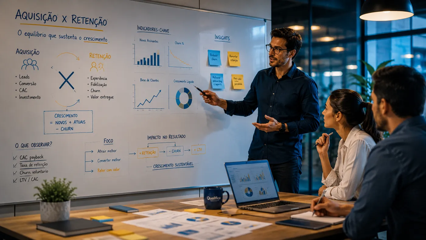 Gestor apresentando à equipe, em um quadro branco, o equilíbrio entre aquisição e retenção de clientes: leads, conversão, churn e valor entregue