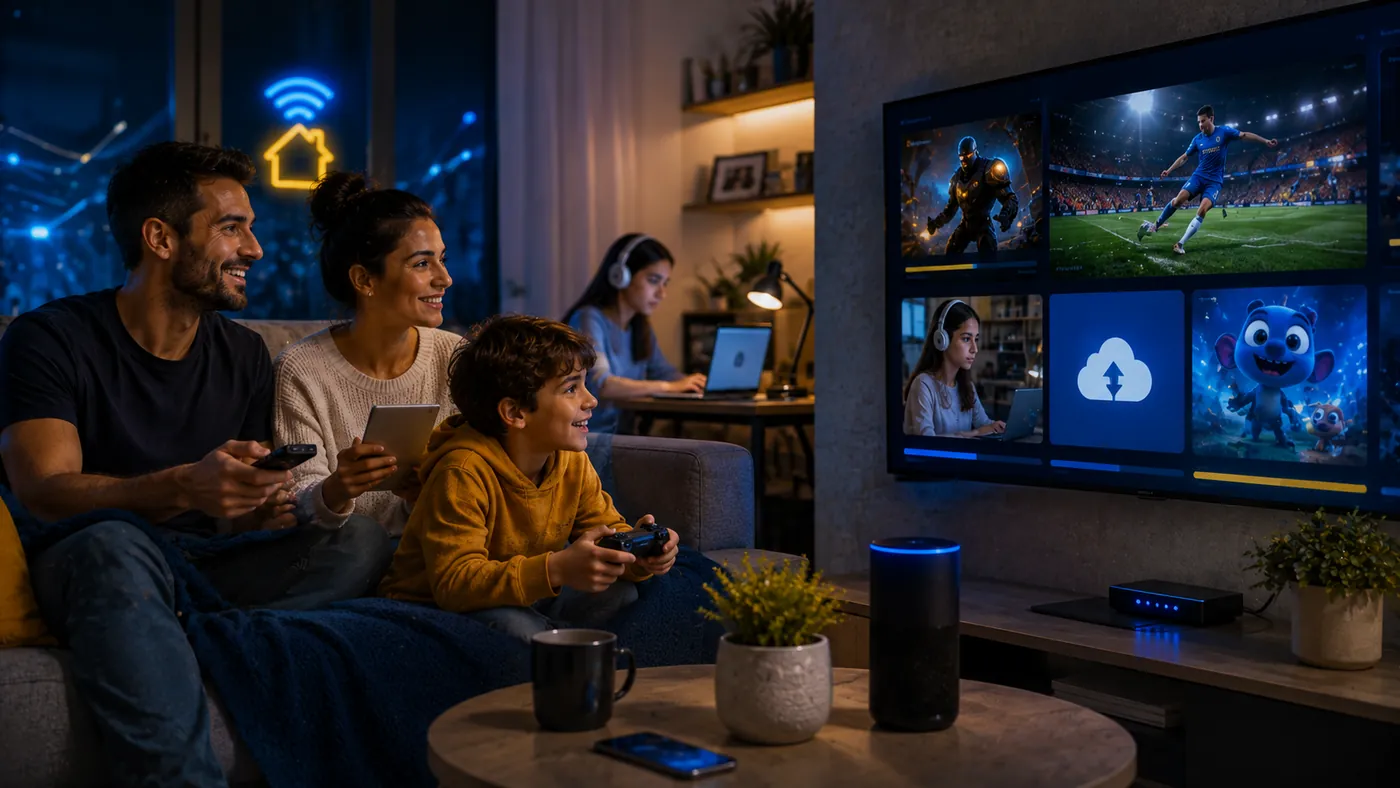 Família na sala aproveitando os benefícios da internet: filho jogando videogame, pais assistindo a streaming e esportes na TV e filha estudando no notebook