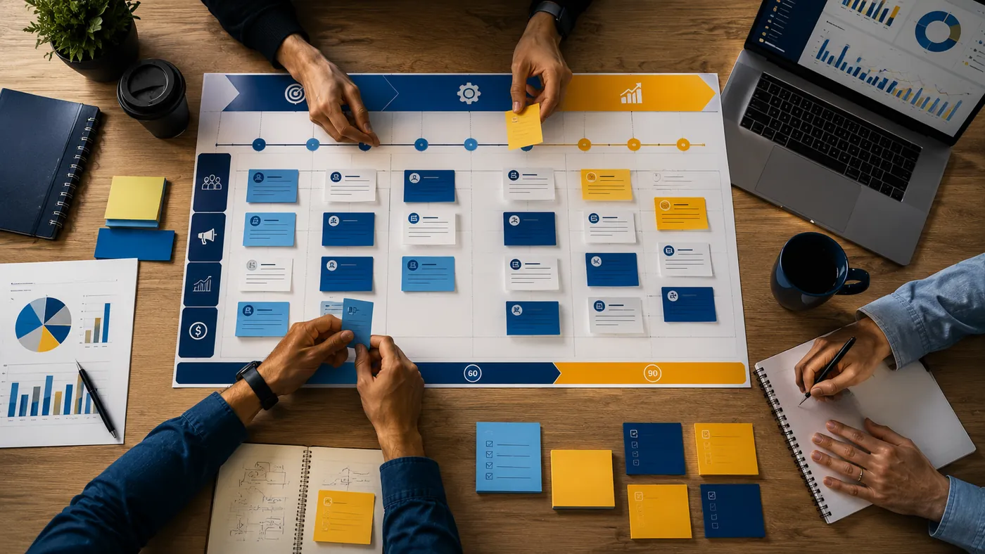Equipe do provedor organizando um plano de ação de 30, 60 e 90 dias em um quadro com post-its, visto de cima, com notebook e gráficos ao lado